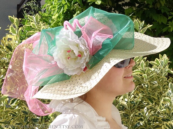 Pink and Green Derby-Style Hat with Ribbons Wide Brim Kentucky Derby Hat, Ascot Hat for Wedding & Tea  main image 2