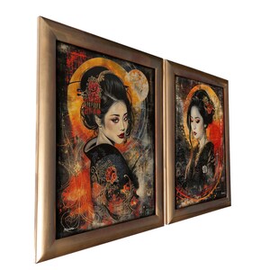 two framed artworks depicting women in traditional Japanese attire, with intricate floral and geometric patterns.