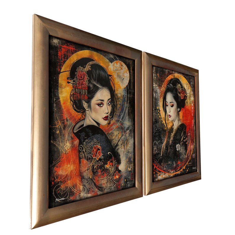two framed artworks depicting women in traditional Japanese attire, with intricate floral and geometric patterns.