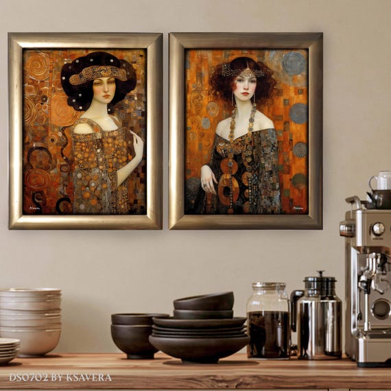 Framed Belle Epoque Acrylic Glass Prints – Klimt Style Diptych, Golden Wood Frame