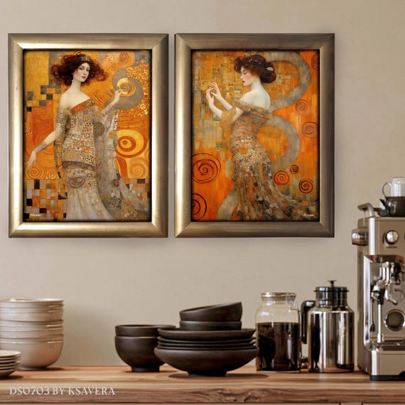 Belle Époque Acrylic Glass Diptych – Klimt Style Art by Ksavera, Gold Frame DS0703
