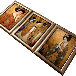 May include: Three framed prints of Japanese women in traditional clothing. The prints are in gold frames and feature intricate details and patterns.