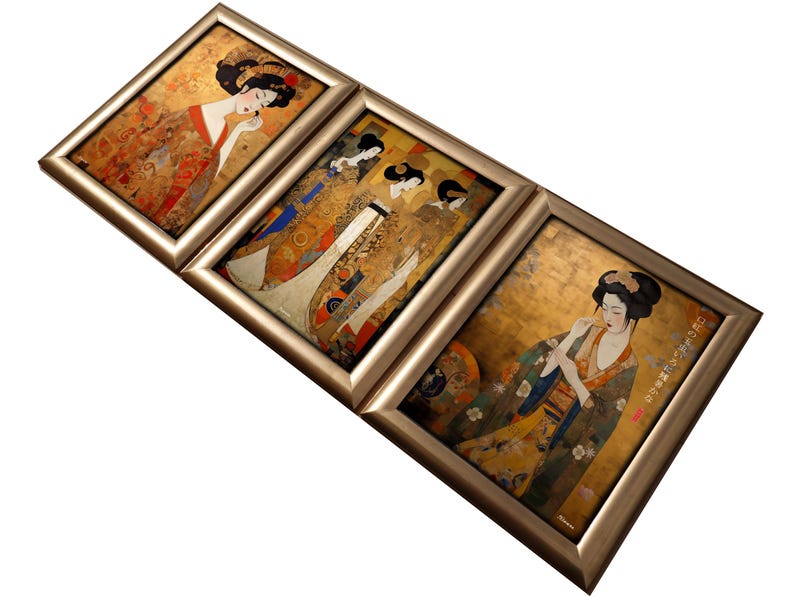 May include: Three framed prints of Japanese women in traditional clothing. The prints are in gold frames and feature intricate details and patterns.
