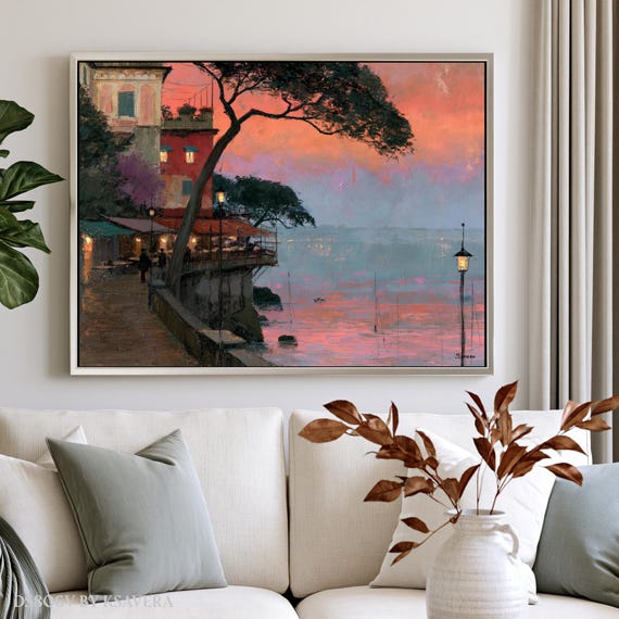 Italian Cafe Wall Art Print, Sunset Coastal Scene | Canvas, Metal, Acrylic | Large Decor DS0806V