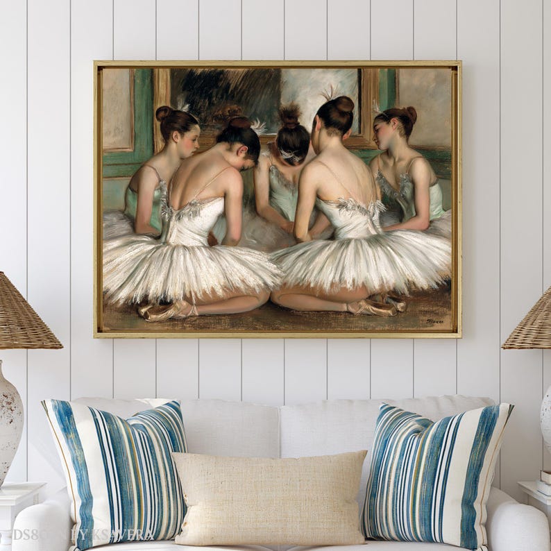 The image is a framed painting of five ballerinas in white tutus and green ballet slippers, depicted in a classical dance pose.