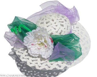 White wedding HAT with white peony - Ascot Derby 8 - sun hats womens accessories - fashion summer straw woven wide hat - retro