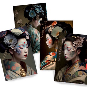 Japanese geisha DS0125 - Digital print set of 4 - synthography fine art prints - Printed on glossy premium fine art photo paper