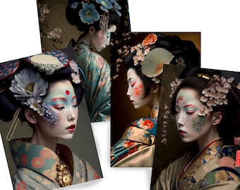 Japanese geisha DS0125 - Digital print set of 4 - synthography fine art prints - Printed on glossy premium fine art photo paper