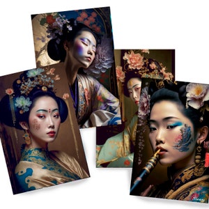 Japanese geisha DS0150 - Digital print set of 4 - synthography fine art prints - Printed on glossy premium fine art photo paper