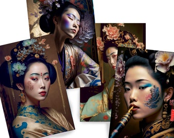 Japanese geisha DS0150 - Digital print set of 4 - synthography fine art prints - Printed on glossy premium fine art photo paper