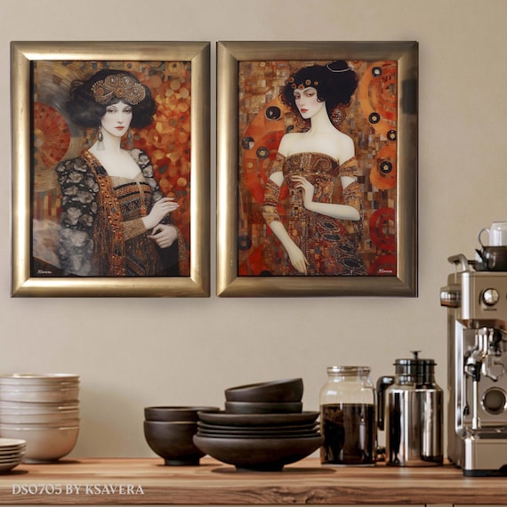 Belle Epoque - Framed Acrylic Glass Print – Klimt Style Portraits, Golden Wood Frame, Diptych DS0705