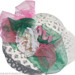White wedding HAT with white peony pink green- Ascot Derby 1 - sun hats womens accessories - fashion summer straw woven wide hat - retro