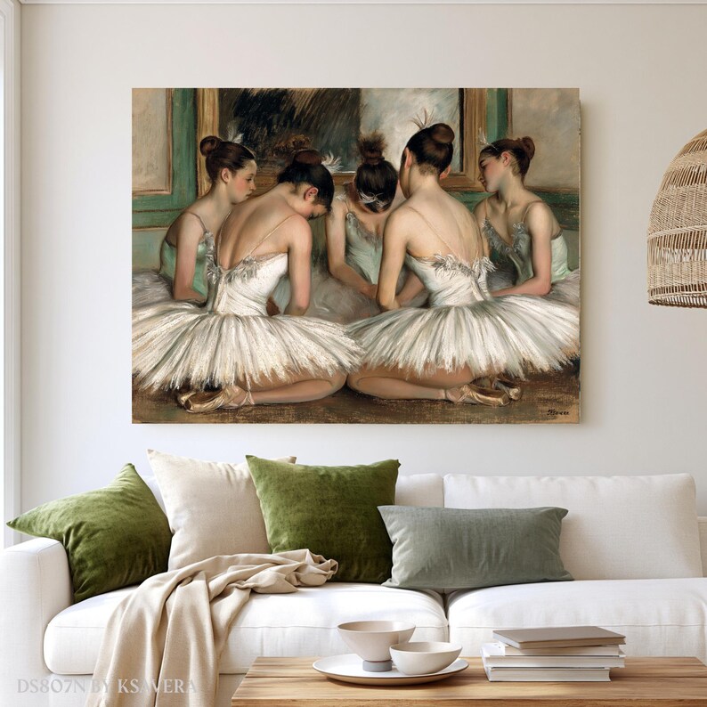 The image is a painting of five ballerinas in white tutus and green tutus, arranged in a group and facing each other.
