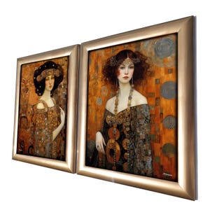 May include: Two framed paintings of women in gold and black dresses with gold jewellery and headbands. The background is a mosaic of gold, orange, and silver circles.