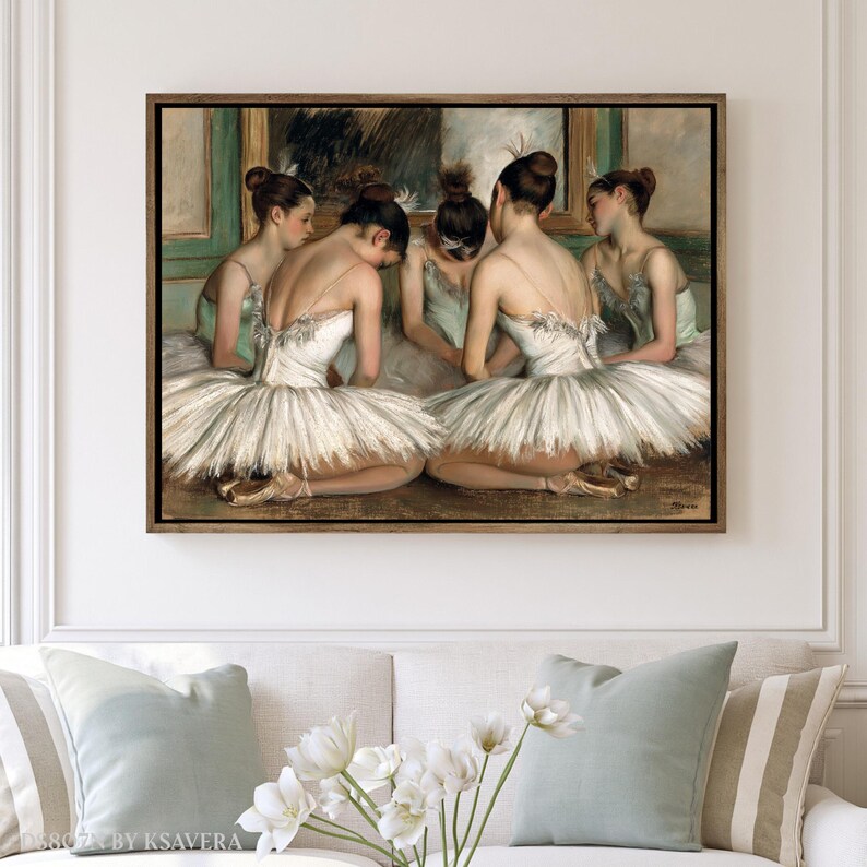 The image is a framed painting of ballet dancers in white tutus and ballet slippers, arranged in a group and facing each other.