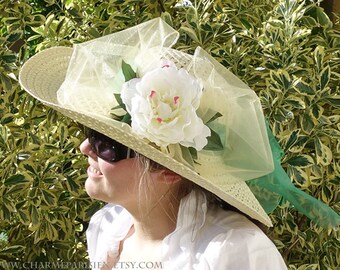 Summer HAT with white peony green - Derby 5 - sun hats womens accessories - fashion straw woven wide hat with flowers - retro Paris