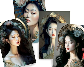 Japanese geisha DS0147 - Digital print set of 4 - synthography fine art prints - Printed on glossy premium fine art photo paper