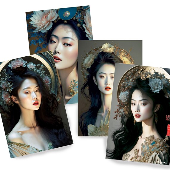 Japanese geisha DS0147 - Digital print set of 4 - synthography fine art prints - Printed on glossy premium fine art photo paper