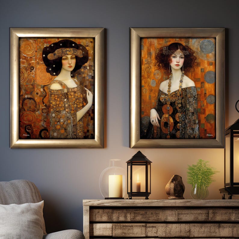 May include: Two framed paintings of women in gold and black clothing with intricate details. The paintings are set against a dark grey wall with a wooden table and decorative items in front of them.