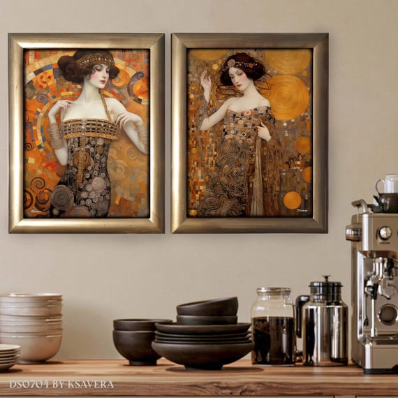 Framed Diptych - Acrylic Glass Print – Klimt Style Portraits, Golden Wood Frame - DS0704