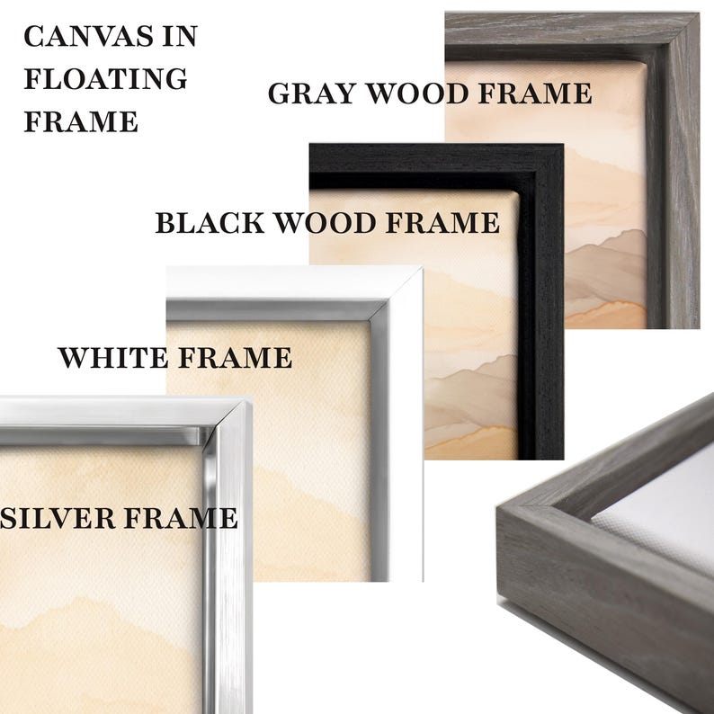various types of frames, including floating, gray, black, white, and silver frames, each with a different design and color.