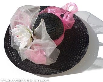 Black HAT with white peony white bow pink ribbon - Kentucky Derby 9 - sun hats womens accessories summer straw woven wide hat - retro Paris