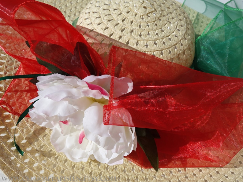 retro Paris Summer HAT with white peony red green fashion straw woven wide hat with flowers Derby 3 sun hats womens accessories