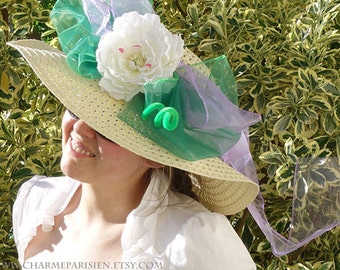 Summer HAT with white peony lilac green - Derby 8 - sun hats womens accessories - fashion straw woven wide hat with flowers - retro Paris