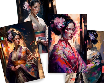 Japanese geisha DS0132 - Digital print set of 4 - synthography fine art prints - Printed on glossy premium fine art photo paper