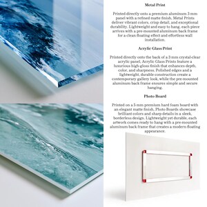 The image is a collage of multiple images, including a close-up of a metal print and an acrylic glass print.