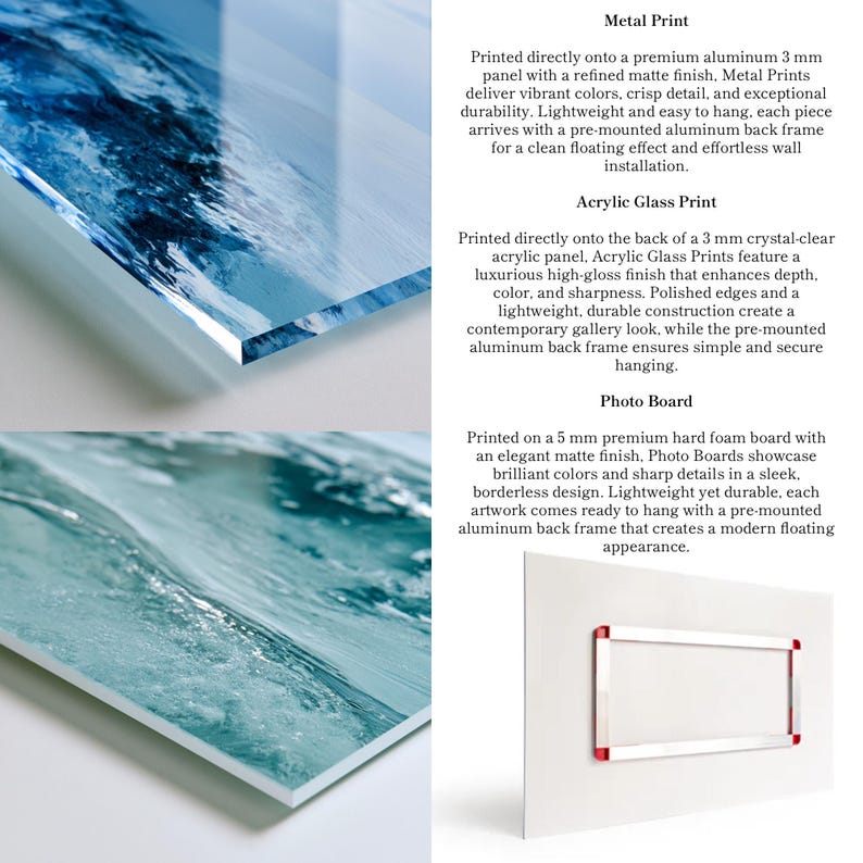 The image is a collage of multiple images, including a close-up of a metal print and an acrylic glass print.