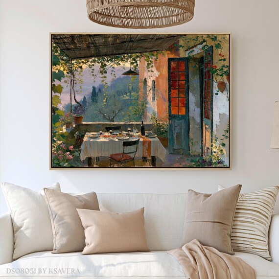 Impressionist Wall Art Print, Italian Dinner Scene, Outdoor Dining View | Canvas, Acrylic, Metal | DS0805J