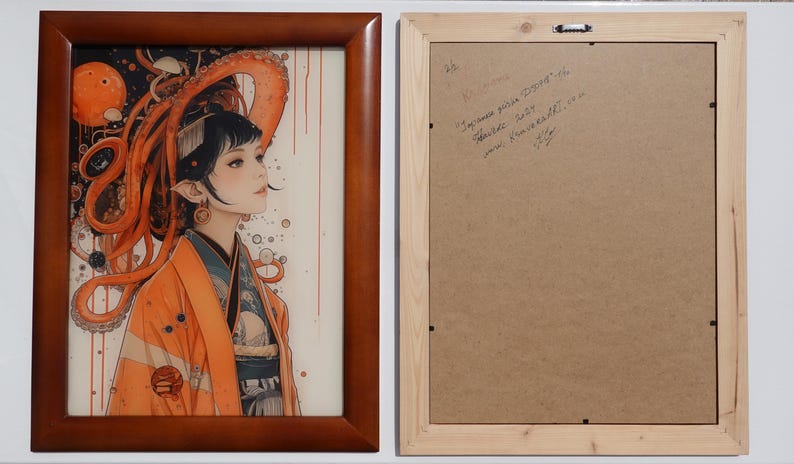 May include: A framed illustration of a woman with an octopus on her head. The woman is wearing a traditional Japanese kimono with orange and white colours. The background is a light beige with red and white splatters. The text on the back of the frame reads "Imagine you were Dying, what would you want your funeral to be?"