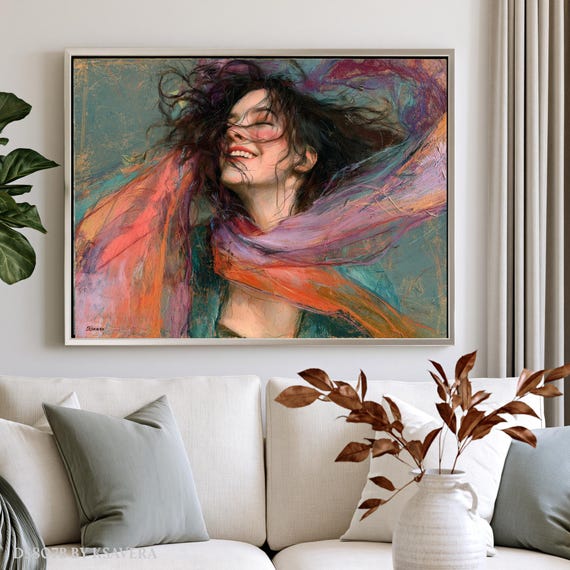Colorful Smiling Woman Portrait Print | Canvas, Acrylic | Large Decor, Housewarming Gift, Wall Art DS0807B