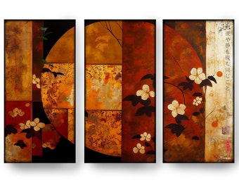 Japanese floral decor DS0323 by artist Ksavera - set of 3 Giclée prints on streched canvas - Haiku