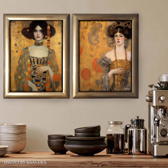 Belle Époque - Acrylic Glass Print – Klimt Style Portraits by Ksavera, Gold Frame, Diptych DS0713
