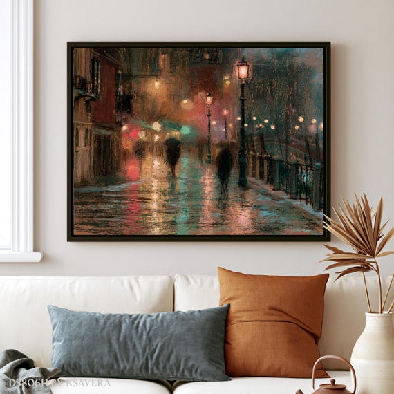 Street Lamp Glow Wall Art, Impressionist Night Scene | Large Home Decor | Autumn Print DS0806U