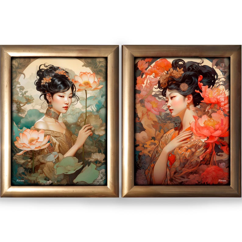 May include: Two framed paintings of women with flowers. The woman on the left is wearing a gold dress and holding a pink lotus flower. The woman on the right is wearing a gold and orange dress and is surrounded by pink flowers.