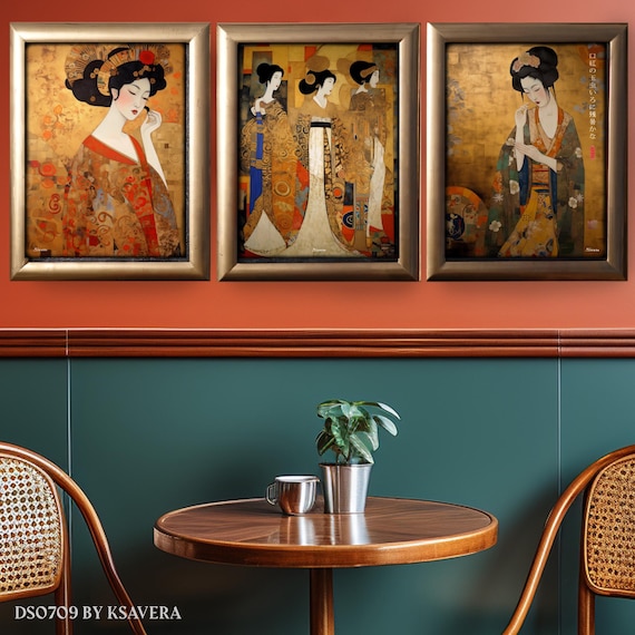 Framed Triptych - Japanese Geisha - Acrylic Glass Print – Golden Wood Frame - DS0709