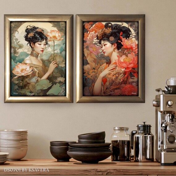 Framed Japanese Geisha Diptych – Acrylic Glass Art, Golden Wood Frame - DS0701