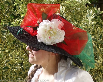 Svart hatt med vit pion röd rosett grönt band - Kentucky Derby 3 - solhattar damaccessoarer sommar stråvävd bred hatt - retro Paris
