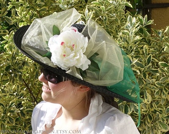 Black HAT with white peony white bow green ribbon - Kentucky Derby 5 - sun hats womens accessories summer straw woven wide hat - retro Paris