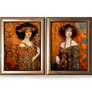 May include: Two framed paintings of women in gold and black dresses with intricate patterns. The women are wearing gold headbands and necklaces. The background is a mosaic of gold and orange squares.