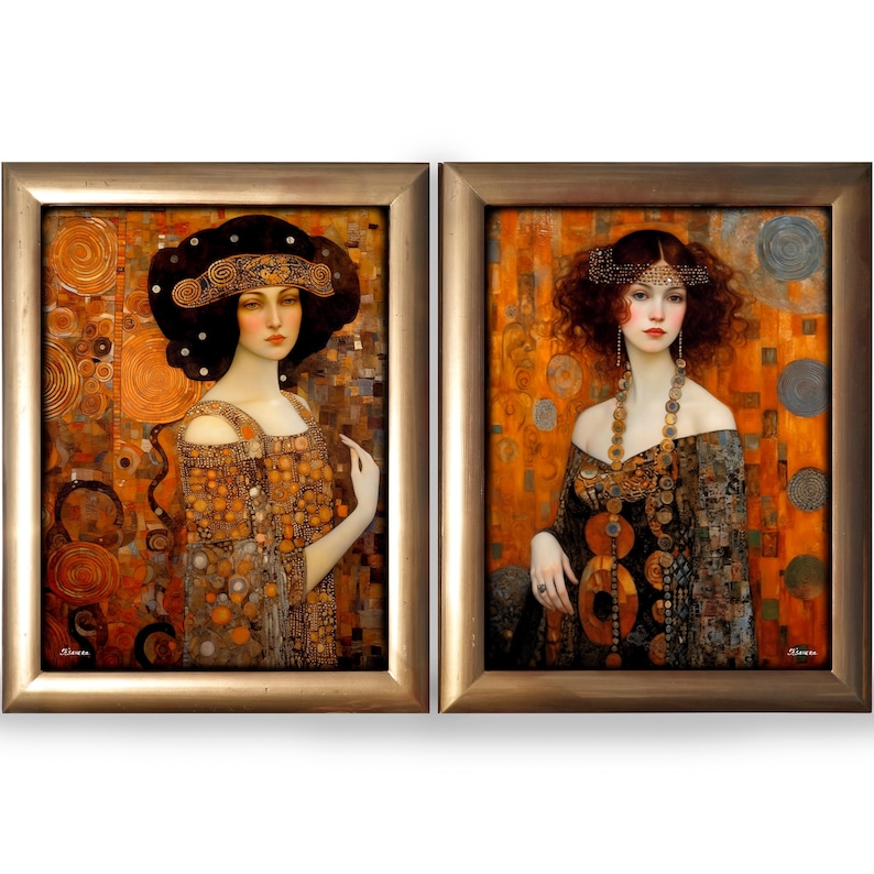 May include: Two framed paintings of women in gold and black dresses with intricate patterns. The women are wearing gold headbands and necklaces. The background is a mosaic of gold and orange squares.
