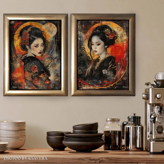 Framed Japanese Geisha Diptych – Acrylic Glass Art, Golden Wood Frame DS0700