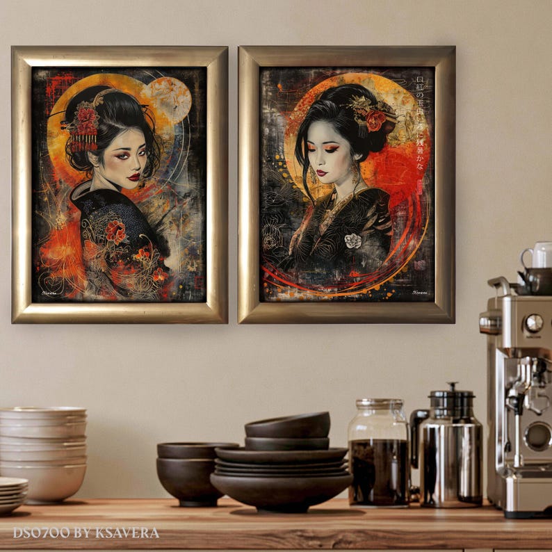 two framed artworks of women, each with a different style and color scheme, displayed on a wall above a wooden table with various kitchen items such as bowls and a coffee maker.