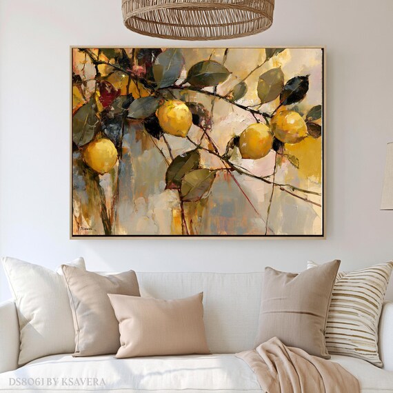Lemon Wall Art, Italian Citrus Branch Print, Impressionist Kitchen Decor - Canvas, Metal, Acrylic - DS0806J