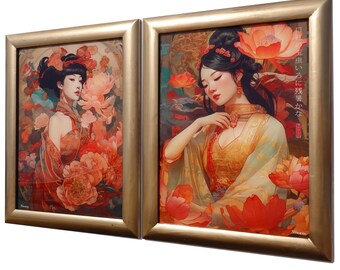 Japanische Geisha DS0707 by Künstlerin Ksavera - BEREIT zum AUFHÄNGEN - Diptychon - hochwertiger Kunstdruck auf Acrylglas in massiven goldenen Holzrahmen gerahmt