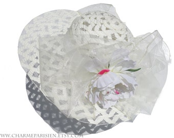 White wedding HAT with white peony- Ascot Derby 4 - sun hats womens accessories - fashion summer straw woven wide hat - retro