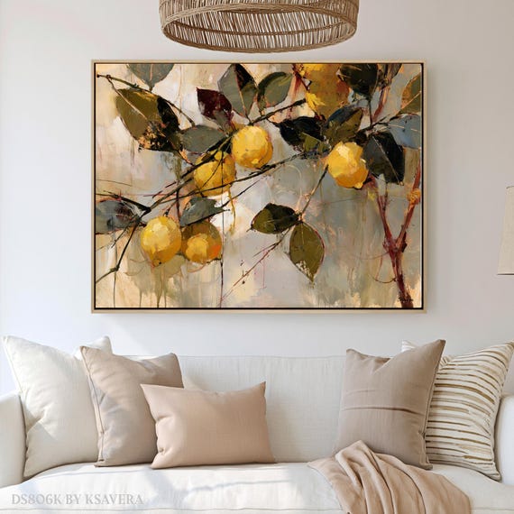 Lemon Wall Art, Italian Citrus Branch Print, Impressionist Kitchen Decor - Canvas, Metal, Acrylic - DS0806K